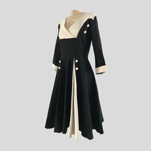 Unique Vintage Black Cotton Stretch Retro 1950s Pinup Pleated Dress Womens L